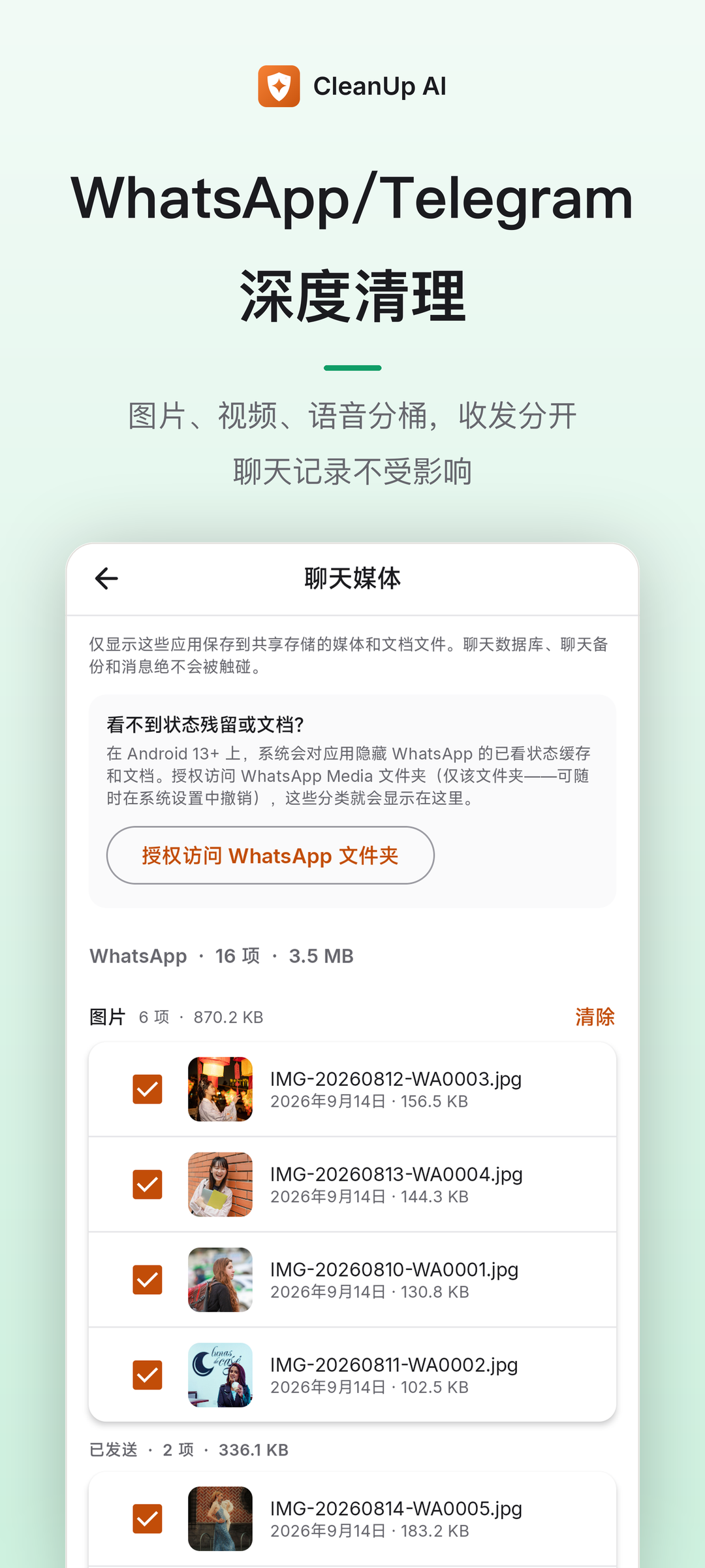 WhatsApp / Telegram 聊天媒体深度清理